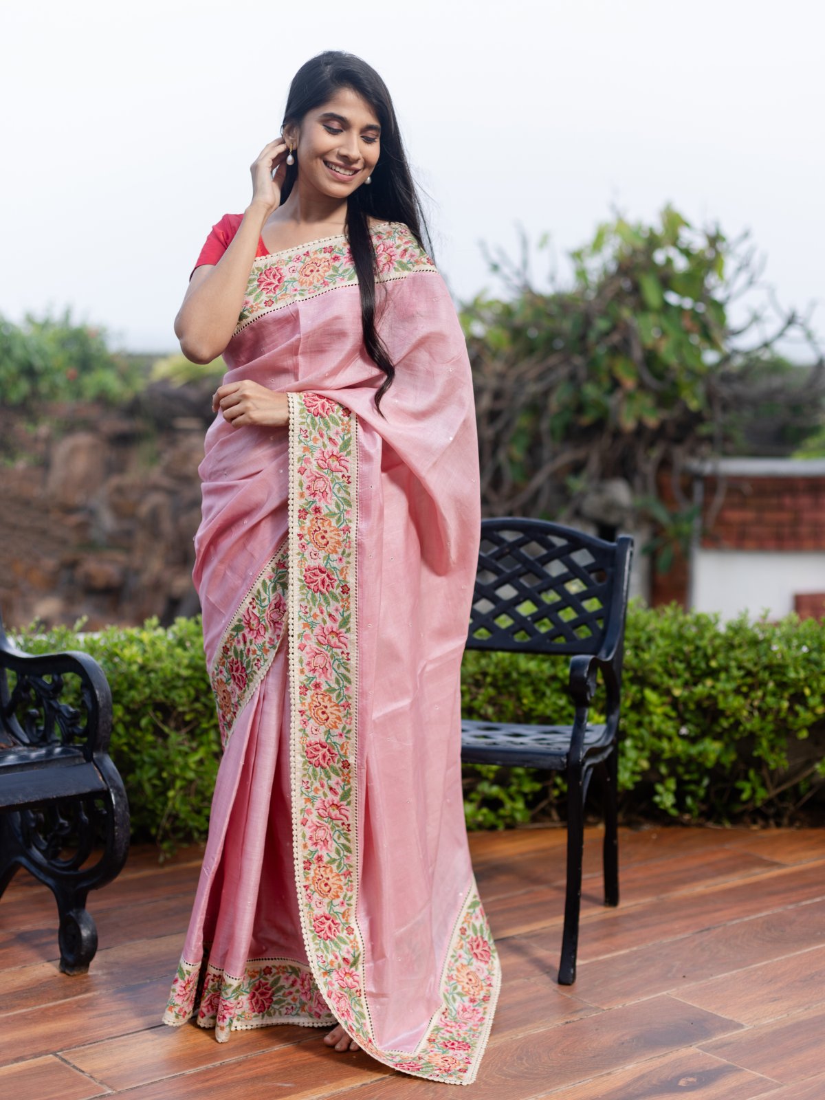 Pastle Pink Tussar Silk Saree with Floral Embroidery Border