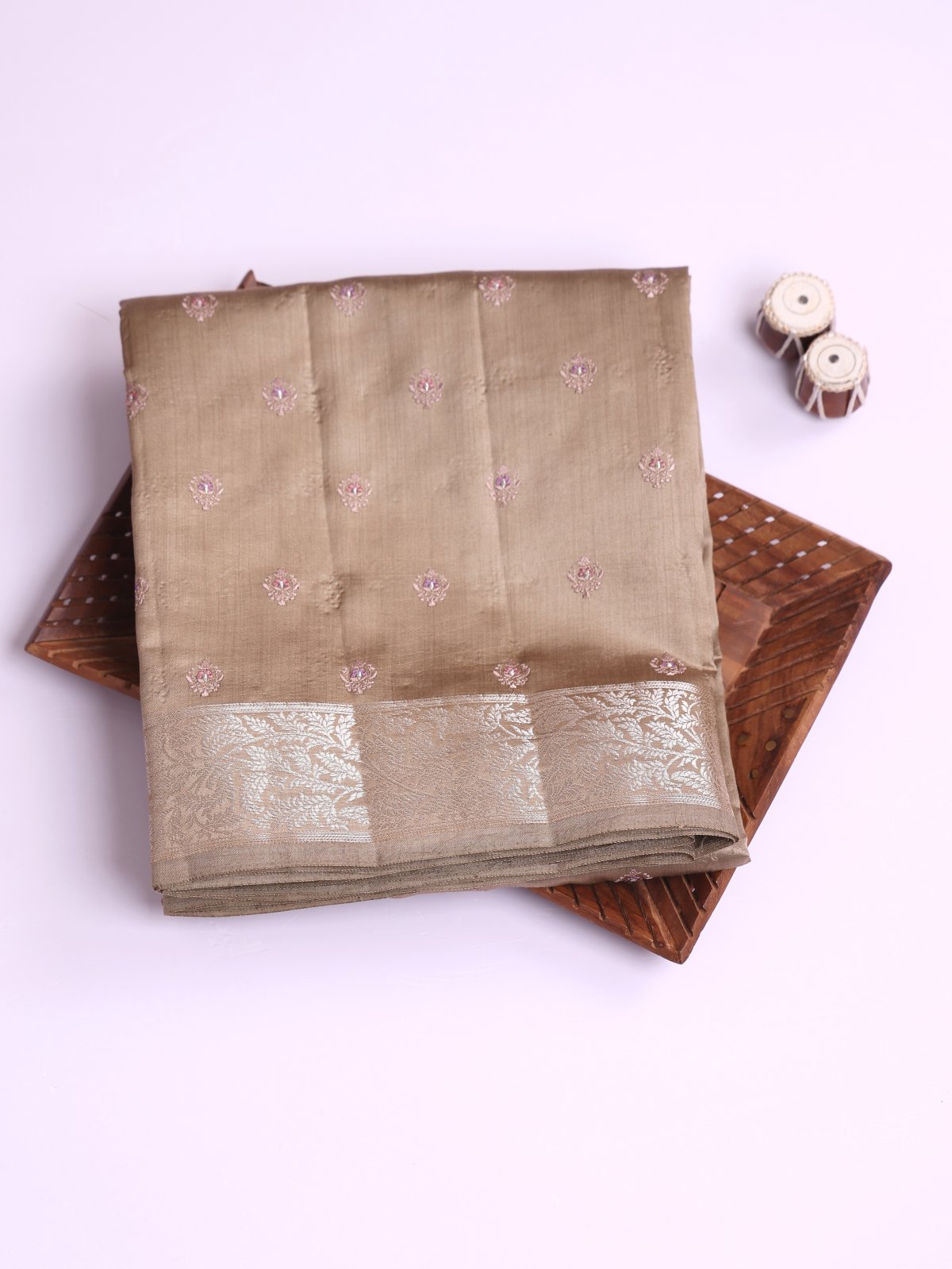 Greige Chaniya Silk Saree With Embroidery