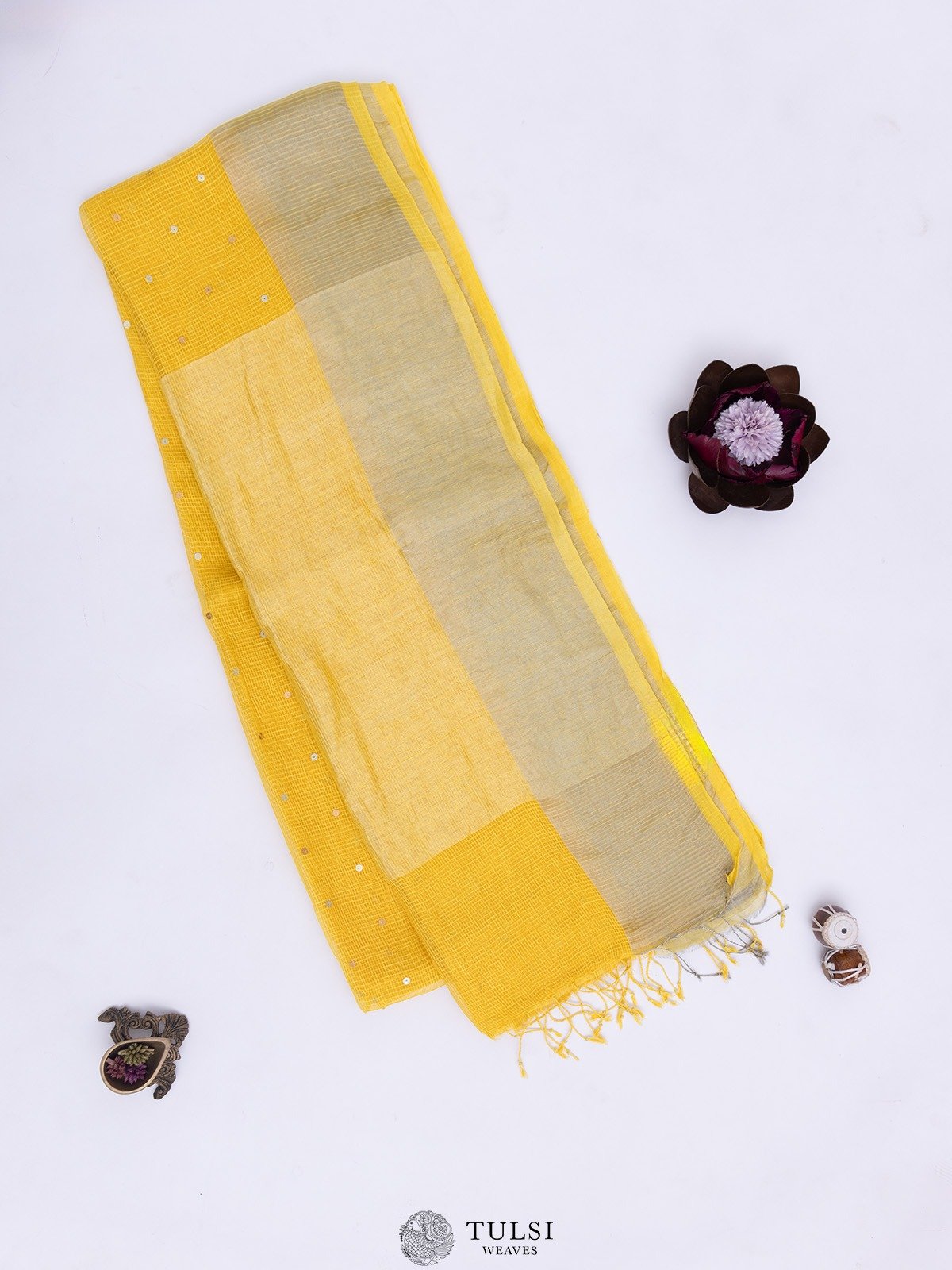 Bright Yellow Bailou Tussar Saree with Sequence Work