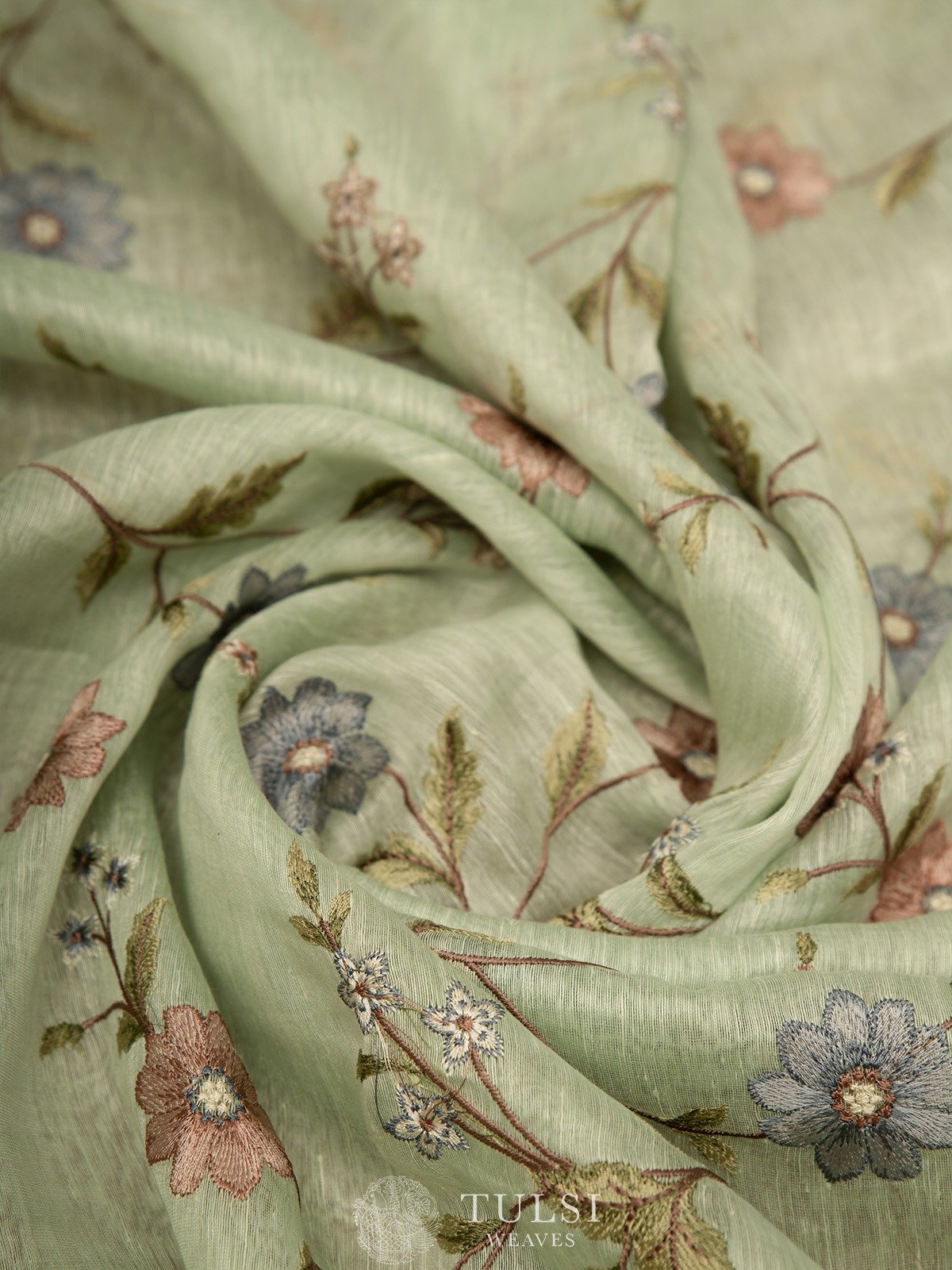 The Kalina Green Floral Handcrafted Linen Saree