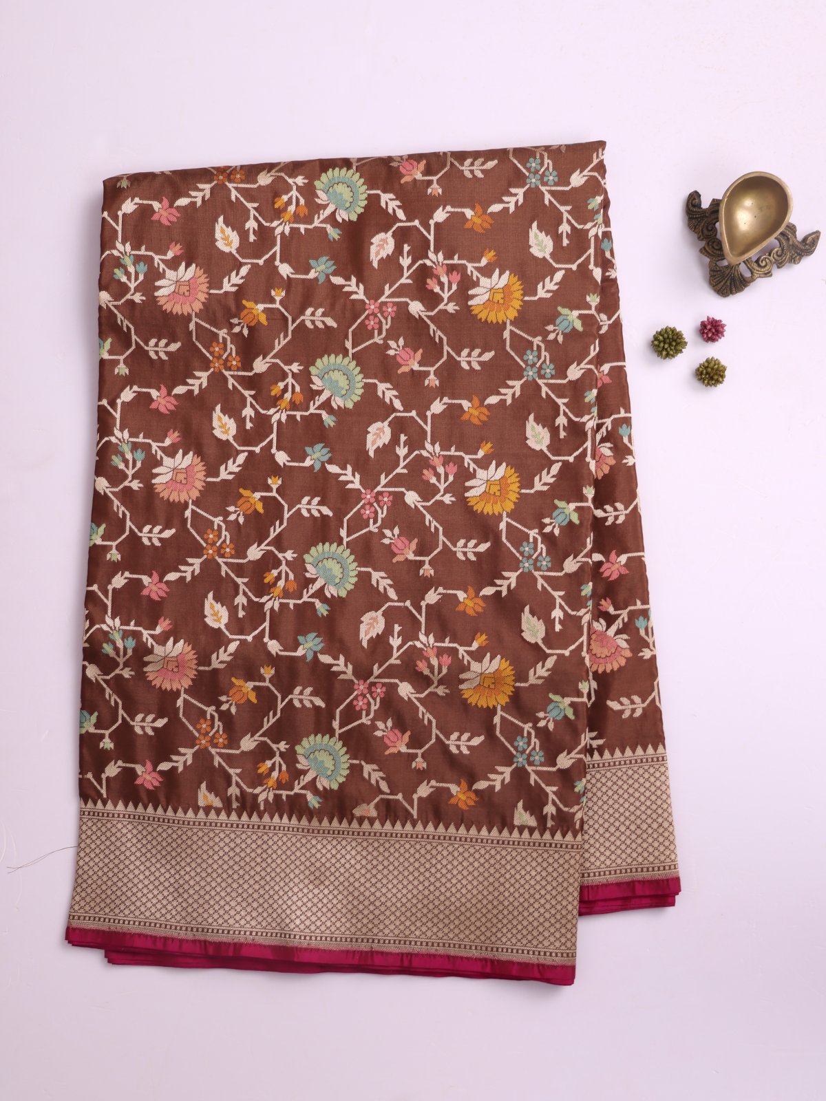 Brown Banaras Silk Saree With Zari Border