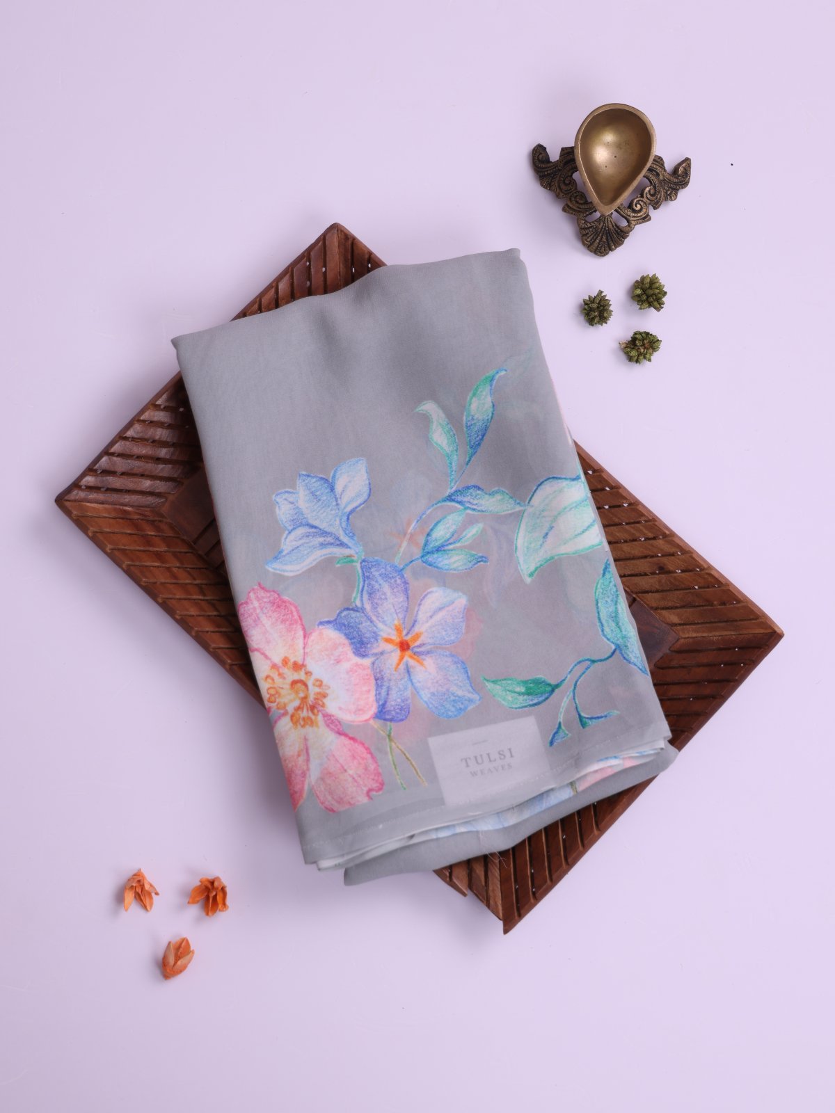 Gray Floral Printed Georgette Silk Saree
