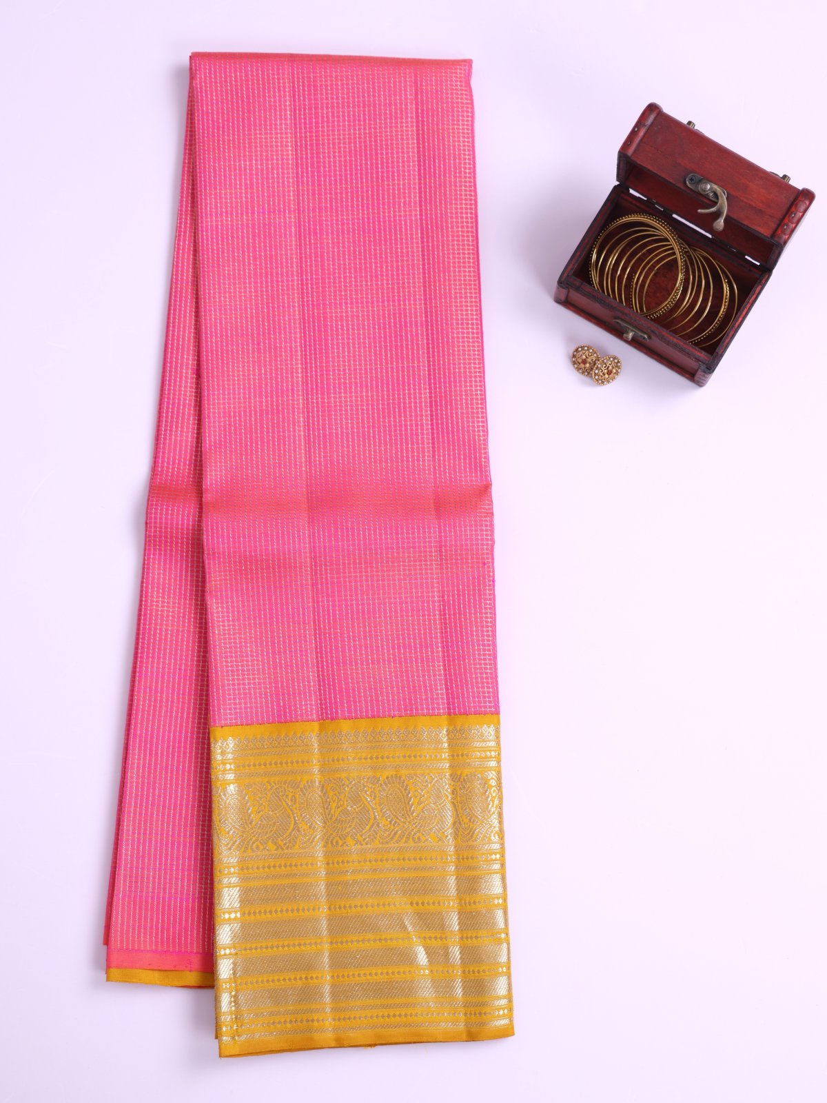 Orangish Pink Kanjeevaram Silk Pavadai With Yellow Border