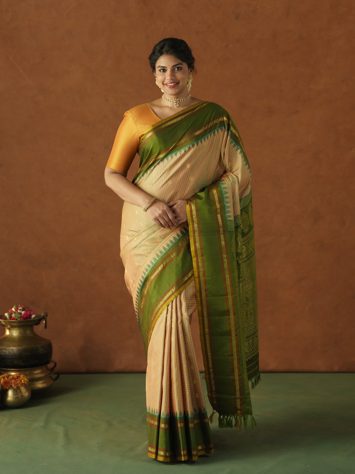 Multi Color Checked Gadwal Saree With Olive Green Border