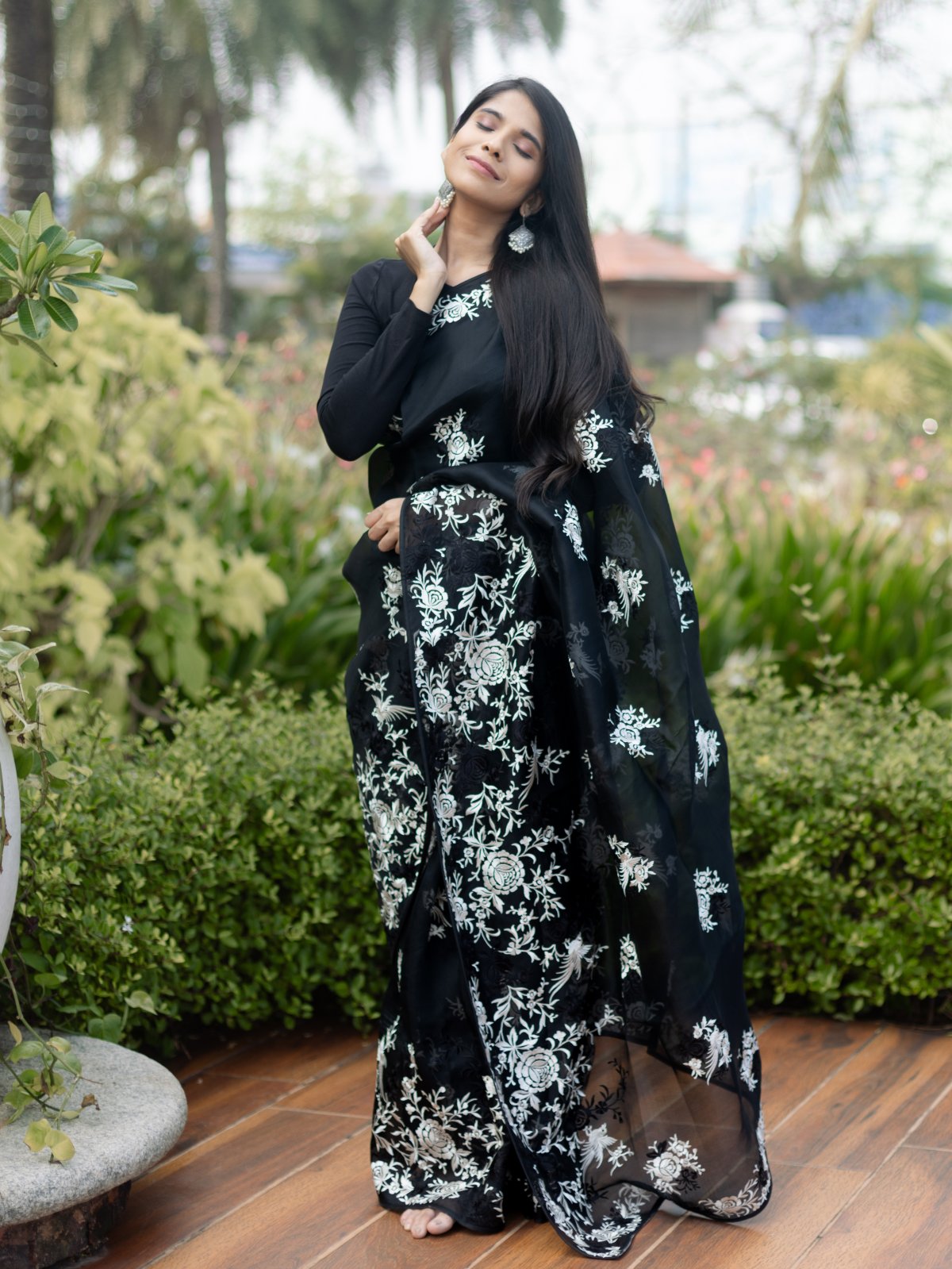 Black Organza Saree With Floral Embroidery