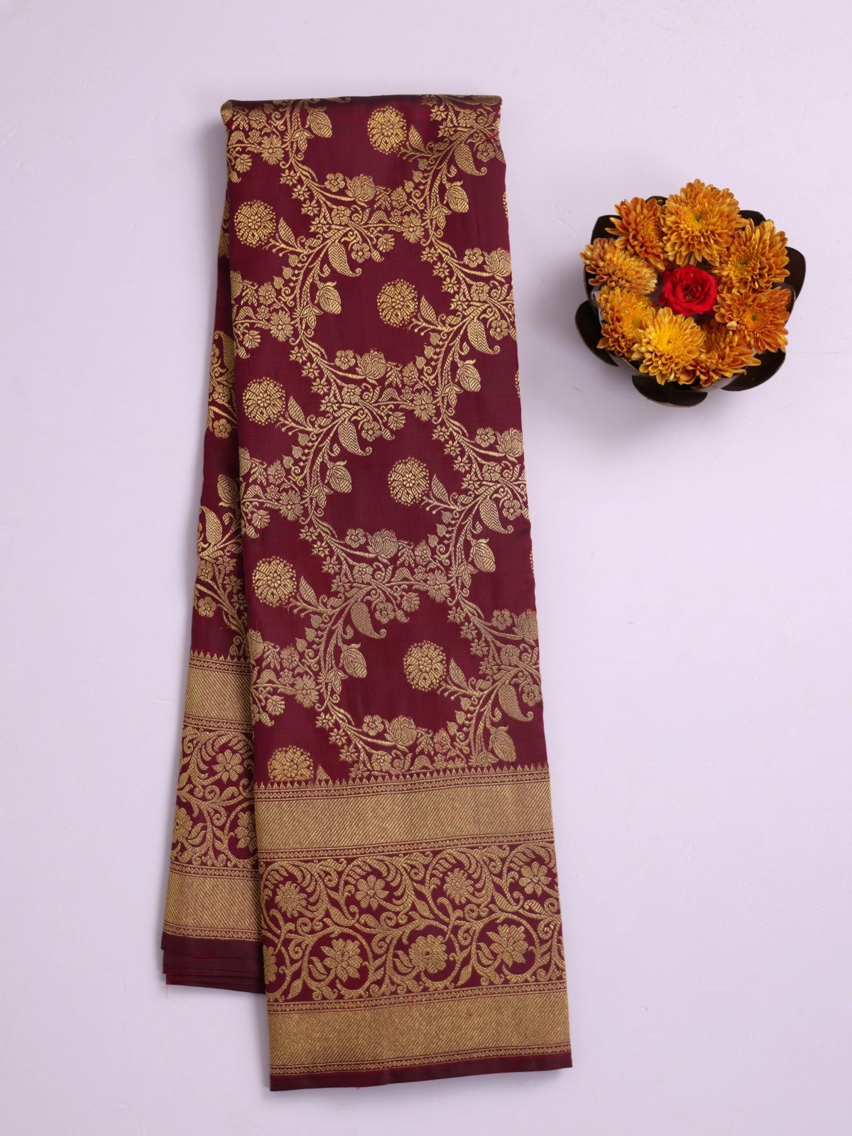 Dark Maroon Zari Brocade Kanjeevaram Silk Saree With Zari Border