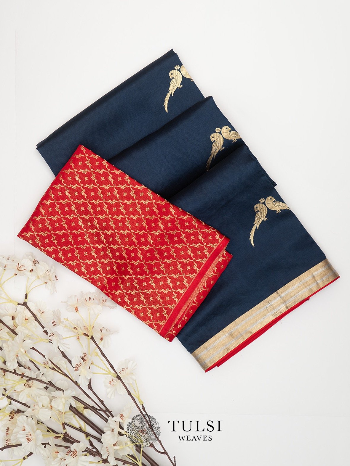 Deep Blue Bananas silk saree with Red blouse