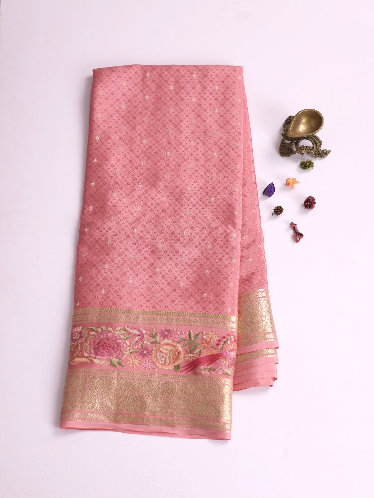 Pink Crepe Silk Saree With Embroidered Border