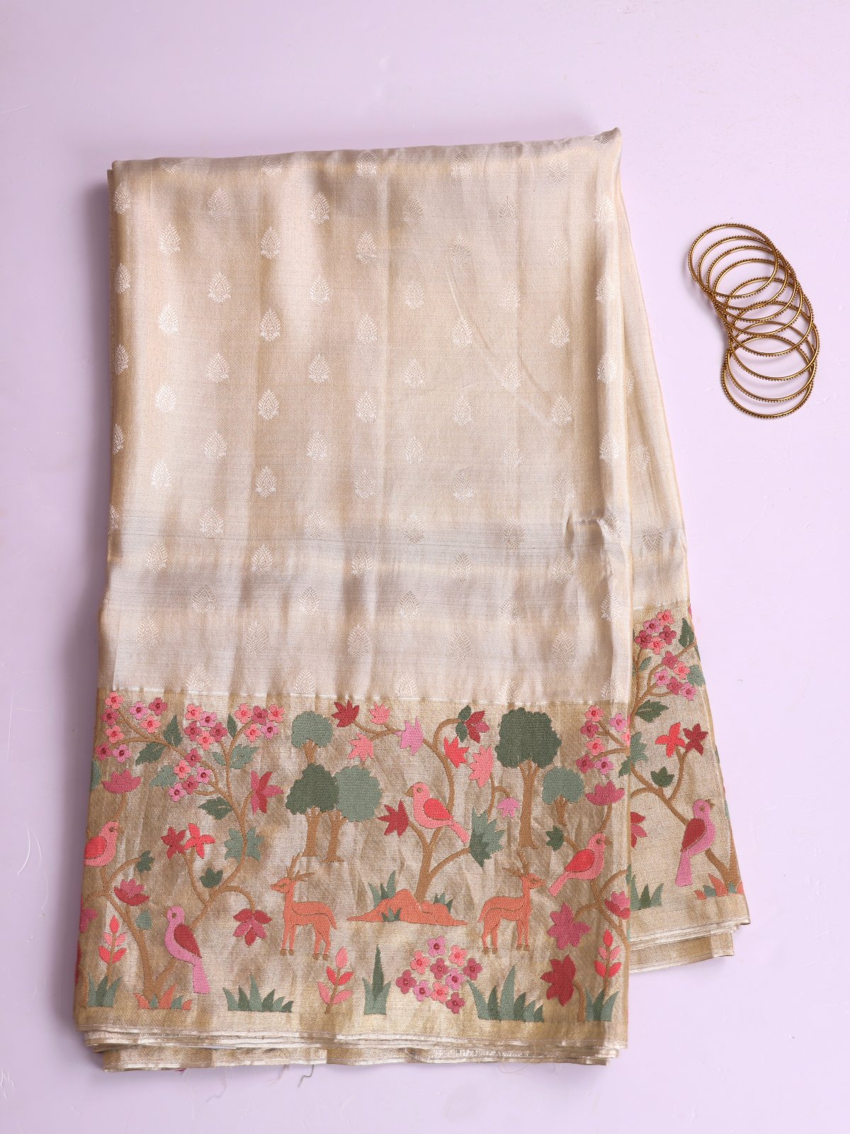 Off White Tissue Kanjeevaram Silk Saree With Embroidered Border