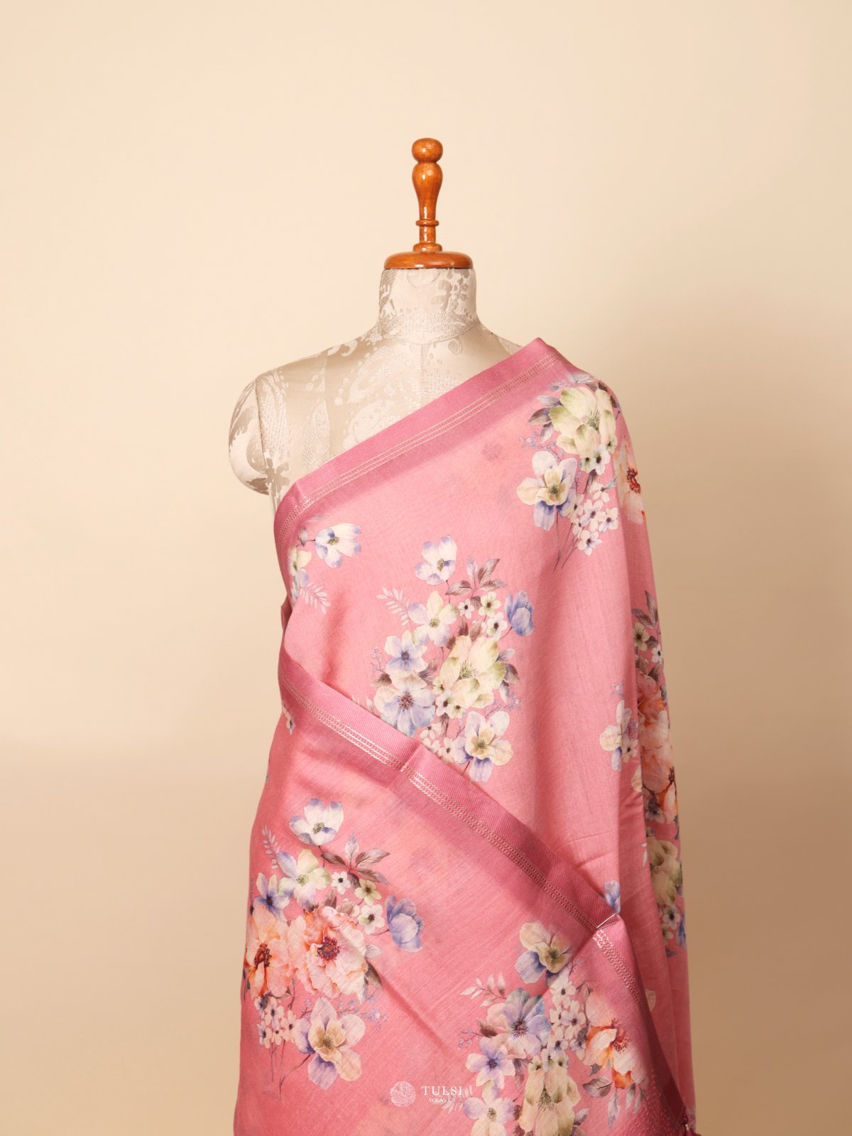 Light Pink Printed Munga Tussar Silk Saree