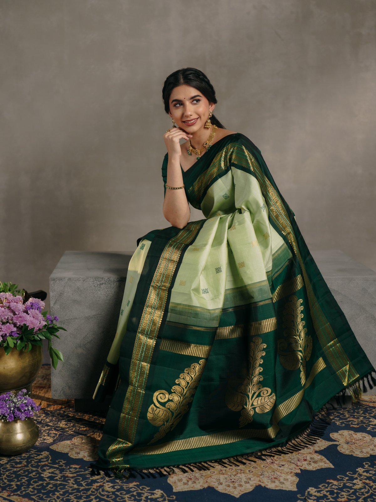 Crafted 12- Light Green Kanjeevaram Silk Saree With Bottle Green Border