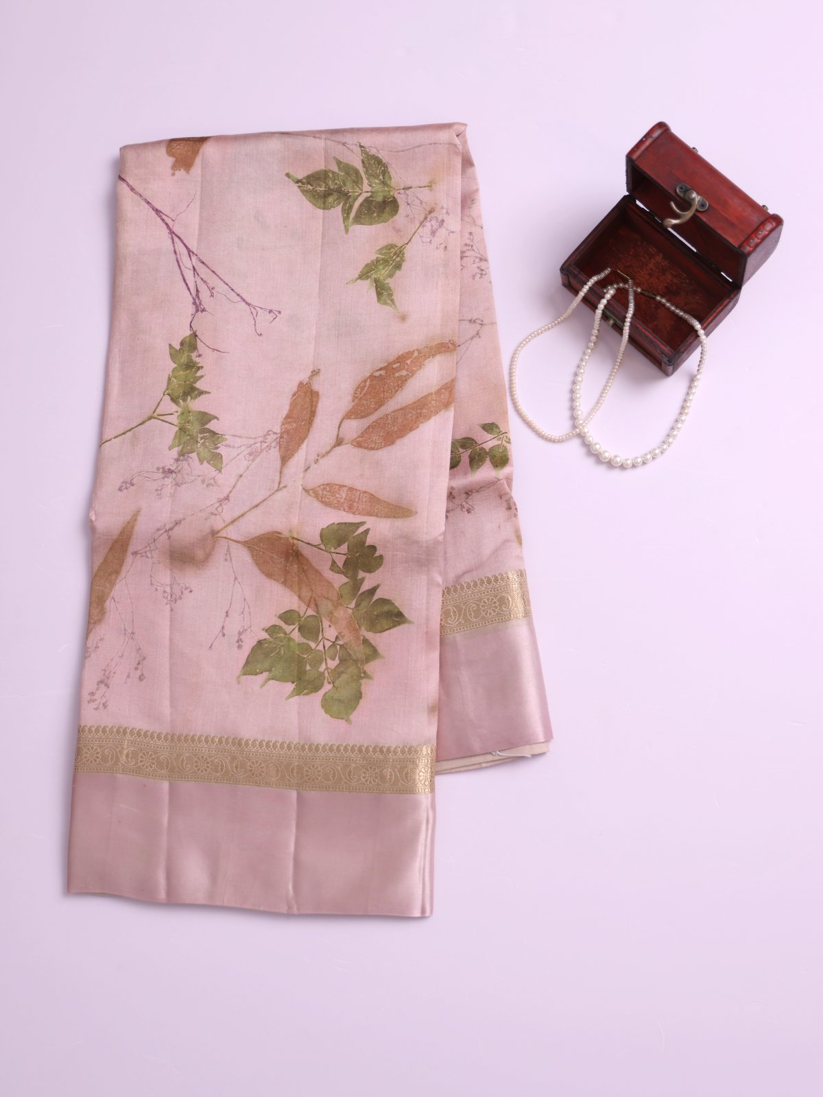 Baby Pink Eco Print Tussar Silk Saree with Self Satin Border