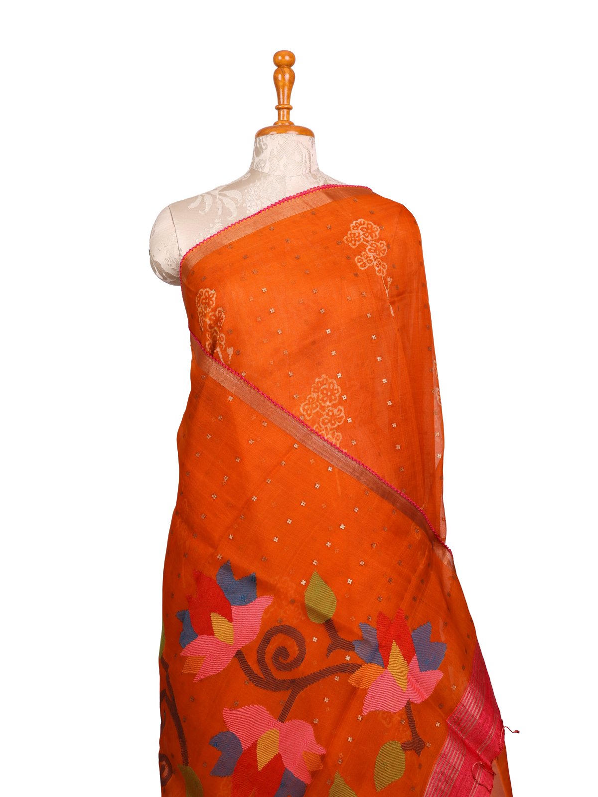 Bright Orange Printed Organza Silk Saree With Jamdani Pallu