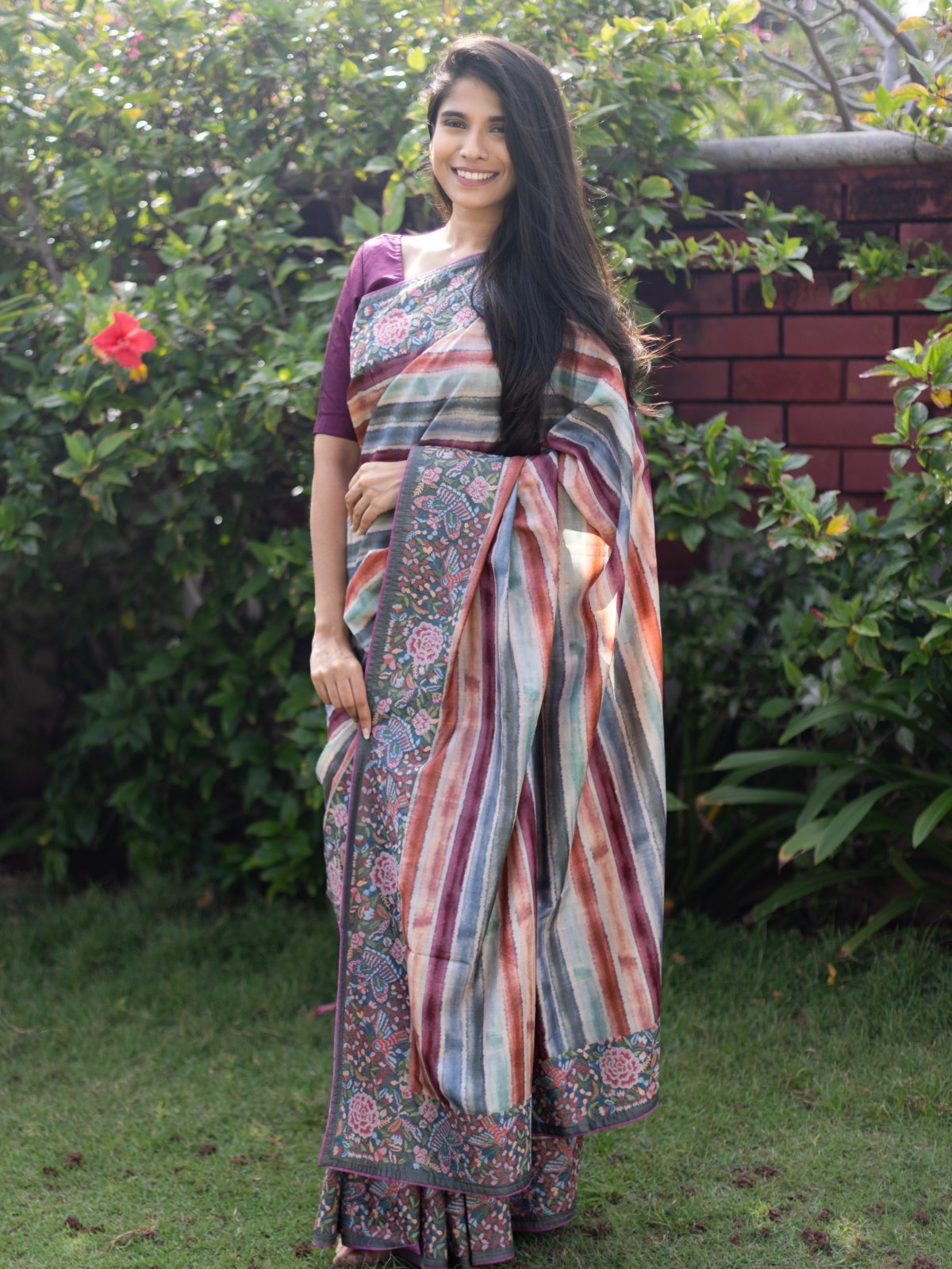 Multicolour Tussar Silk Saree with Floral Embroidery Border