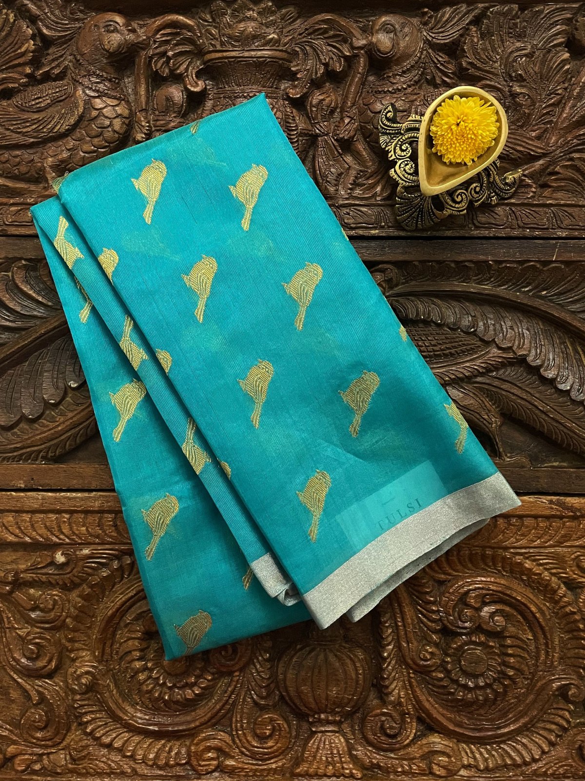 Bright Blue Chanderi Silk Blouse With Gold Zari Bird Motifs