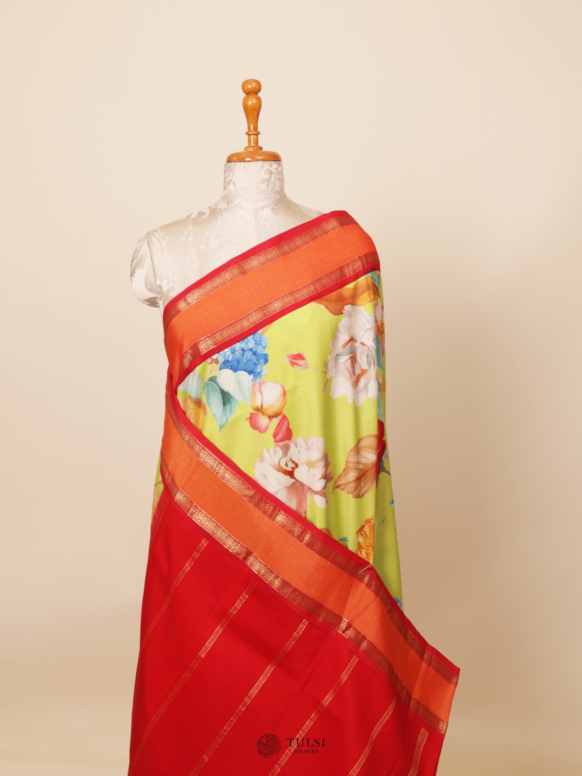 Parrot Green Printed Kanjeevaram Silk Saree