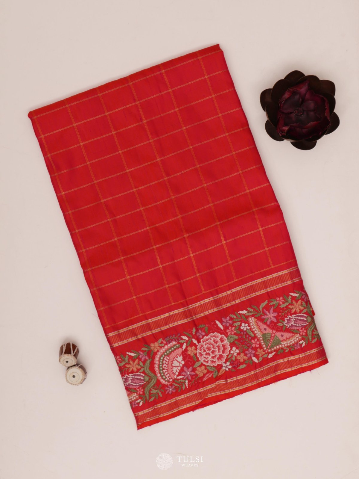Reddish Orange Embroidered Kanjeevaram Silk Saree