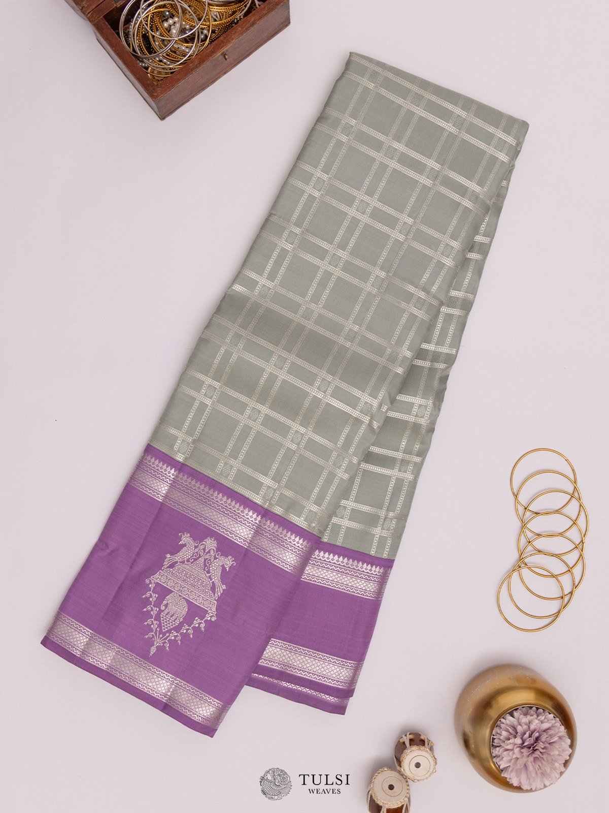 Grey Kanjeevaram Silk Saree with Contrast Border