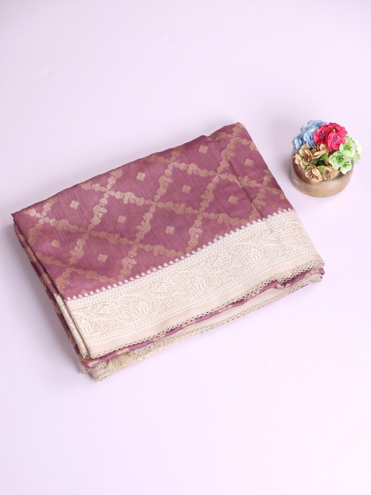 Lilac Munga Tussar Silk Saree With Beige Embroidery Border