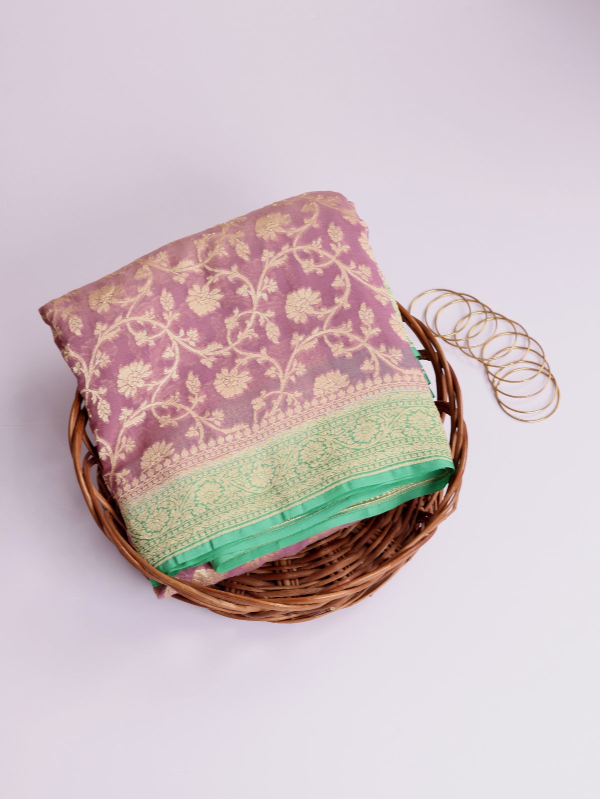 Dusty Lavender Banaras Georgette Silk Saree With Pastel Green Border