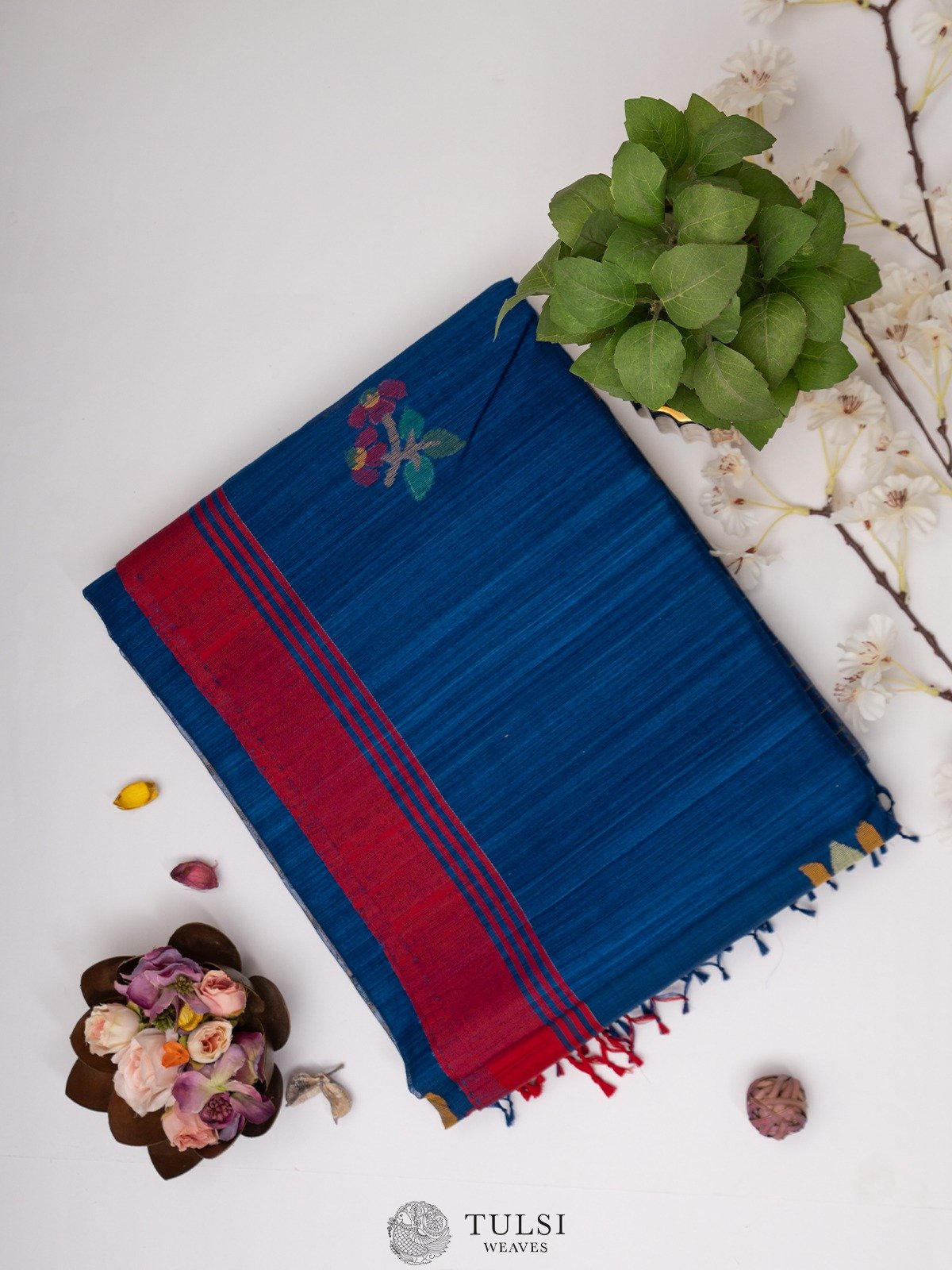 Deep Blue Tussar Jamdani Silk Saree