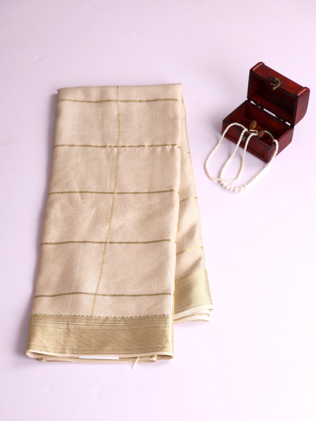 Off-White Zari Checked Mysore Crepe Silk Saree