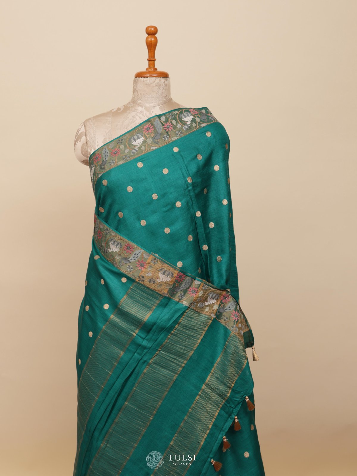 Peacock Green Tussar Silk Saree With Floral Embroidery Border