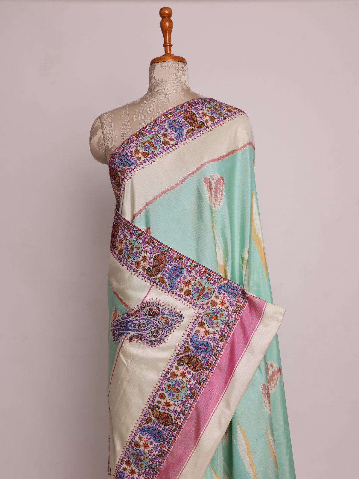 Pastel Bluish Green Patola Silk Saree With Kani Hand Embroidered Border