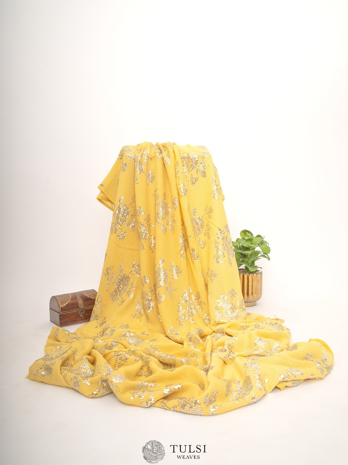 Light Yellow Georgette Saree With Sequins Design