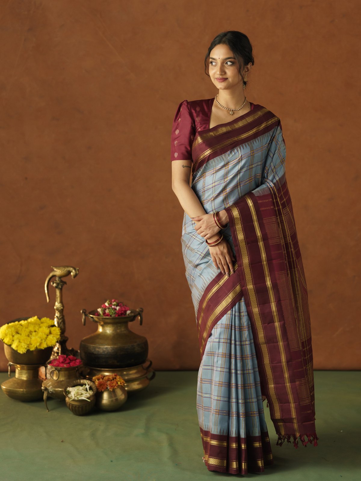 Grey Checked Gadwal Silk Saree With Brown Border