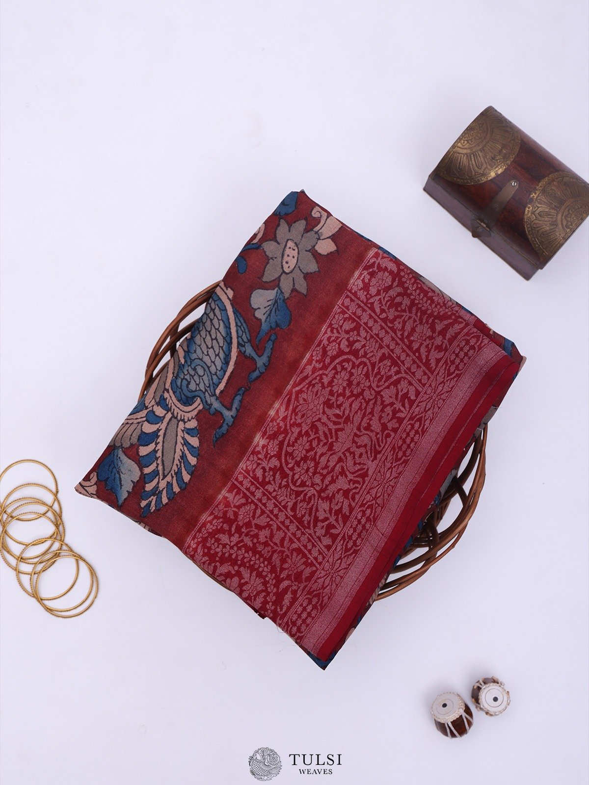 Dark Red Crepe Georgette Saree With Kalamkari 