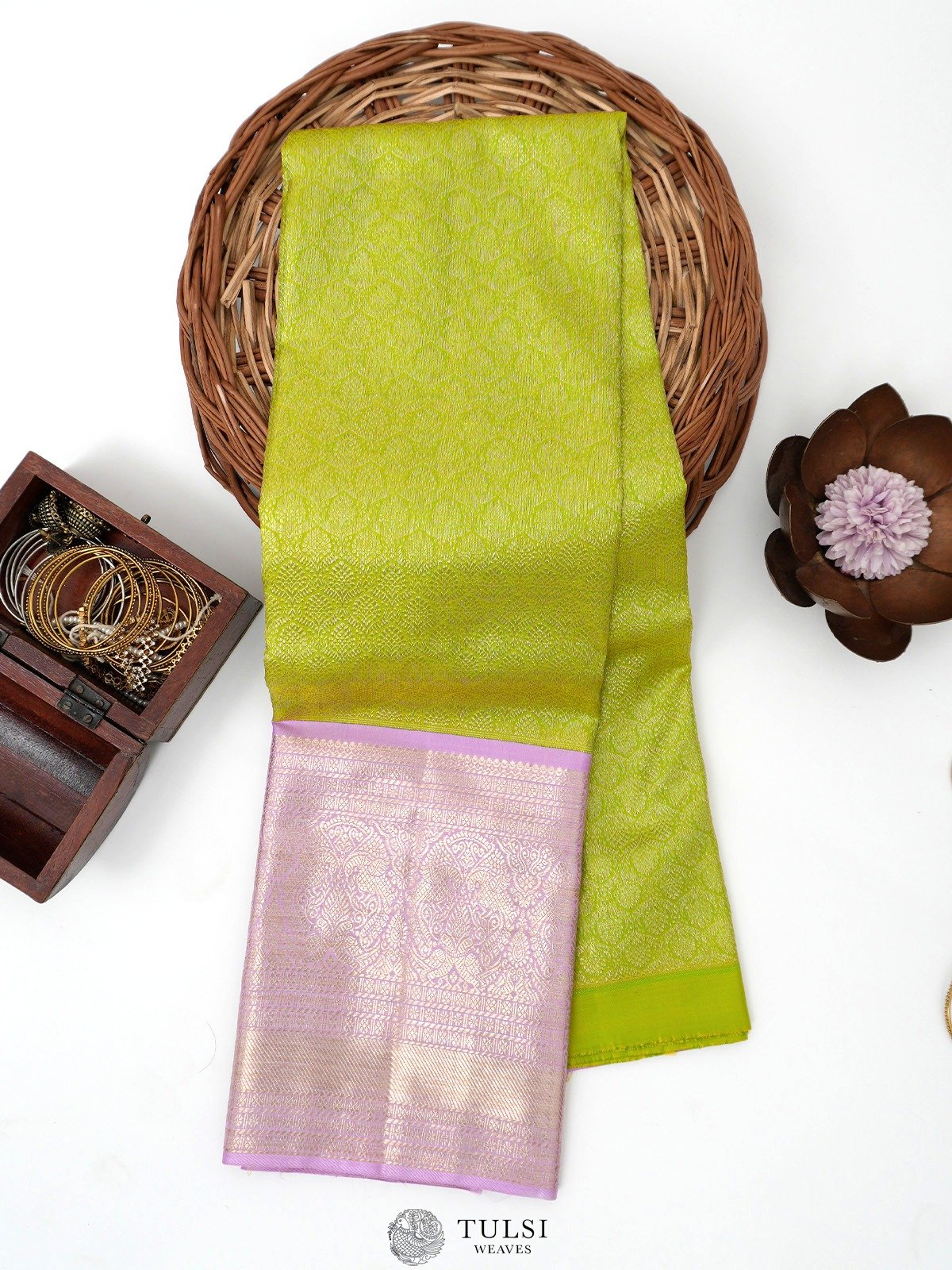 Yellowish Green Kanjeevaram Silk Pavadai with Lilac Border