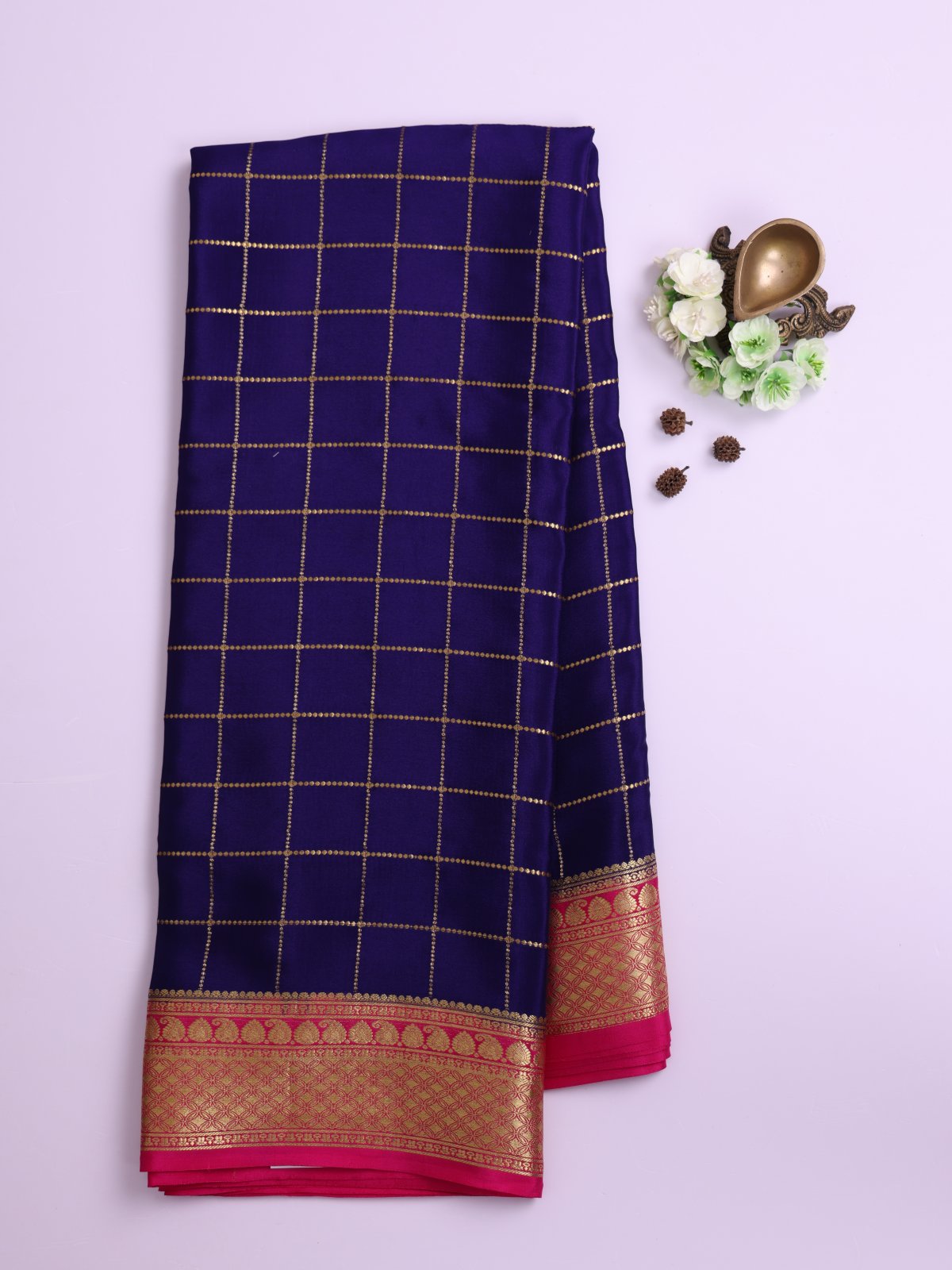 Navy Blue Zari Checked Mysore Silk Saree With Pink Border