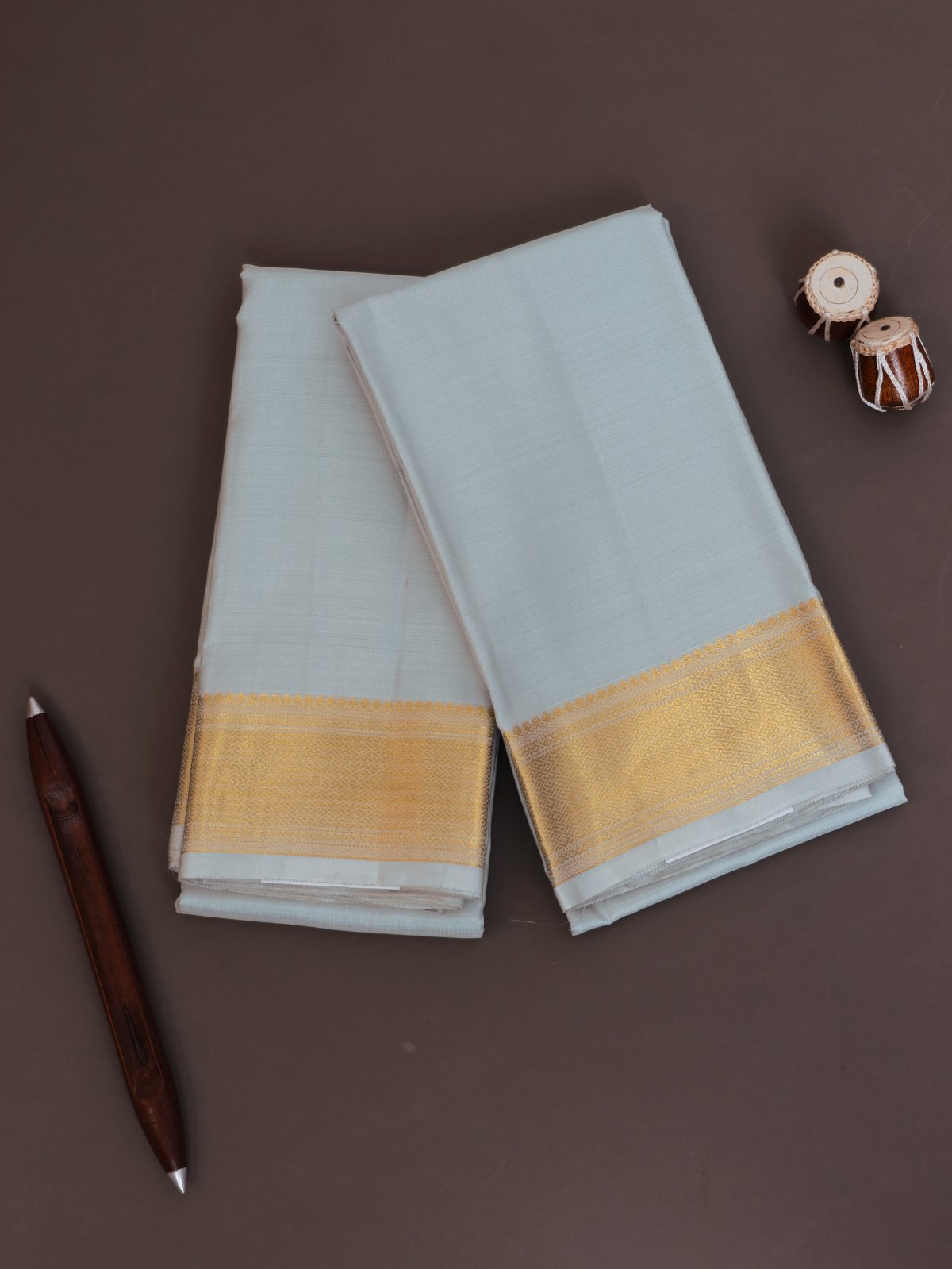 Light Blue Silk Dhoti And Vasthram With Zari Border