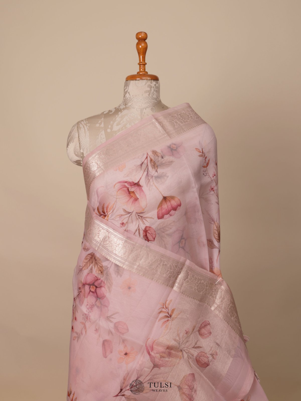 Light Pink Floral Printed Organza Silk Saree