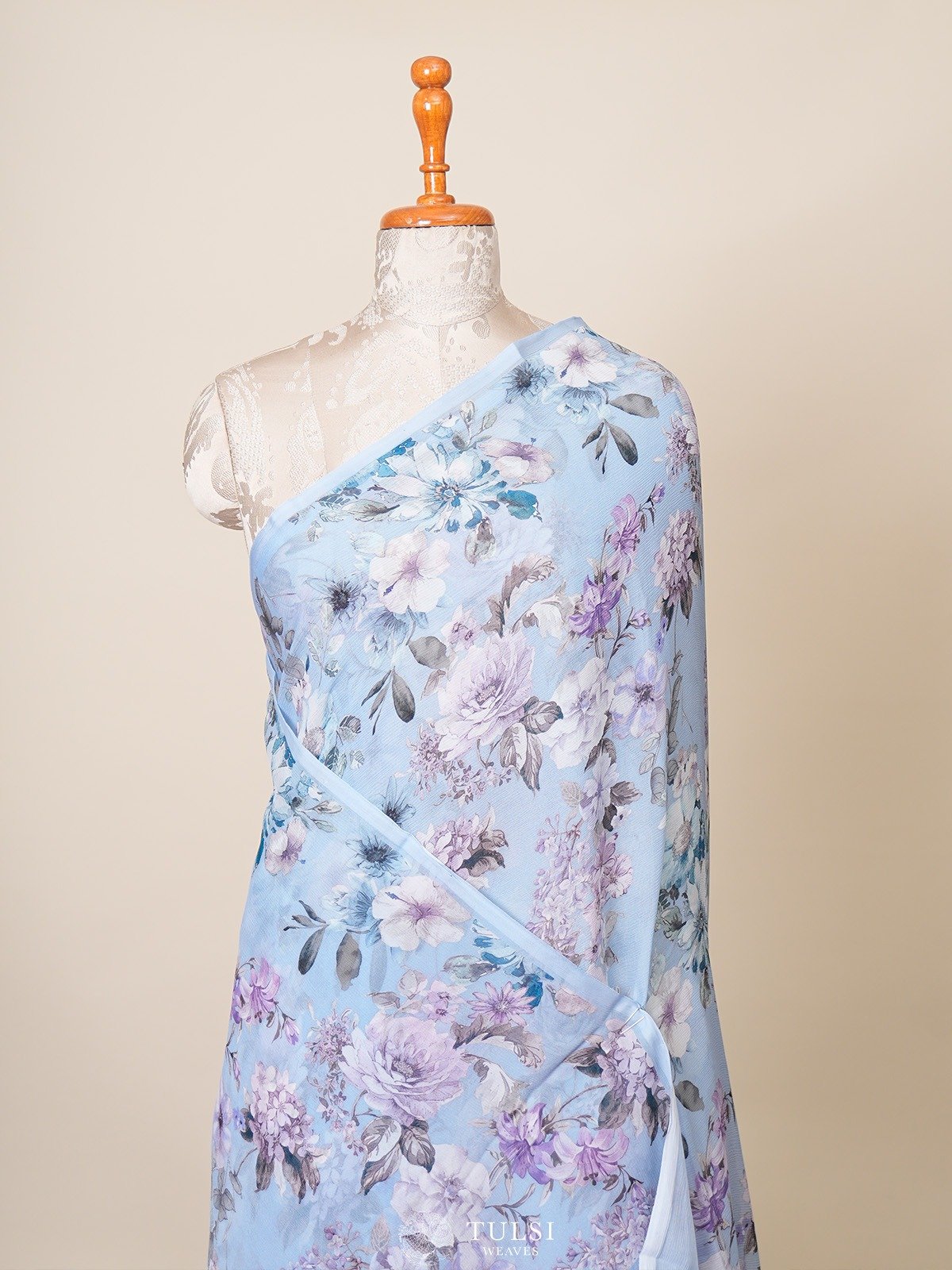 Light Blue Printed Chiffon Saree 