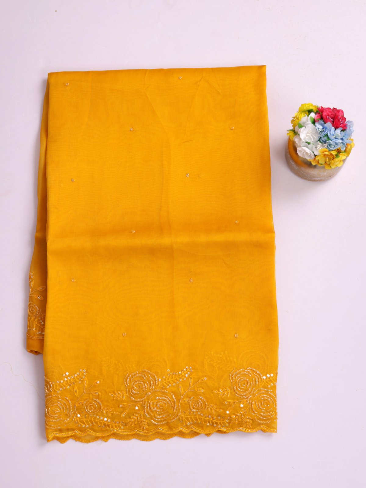 Yellow Embroidered Organza Silk Saree With Sequins Work