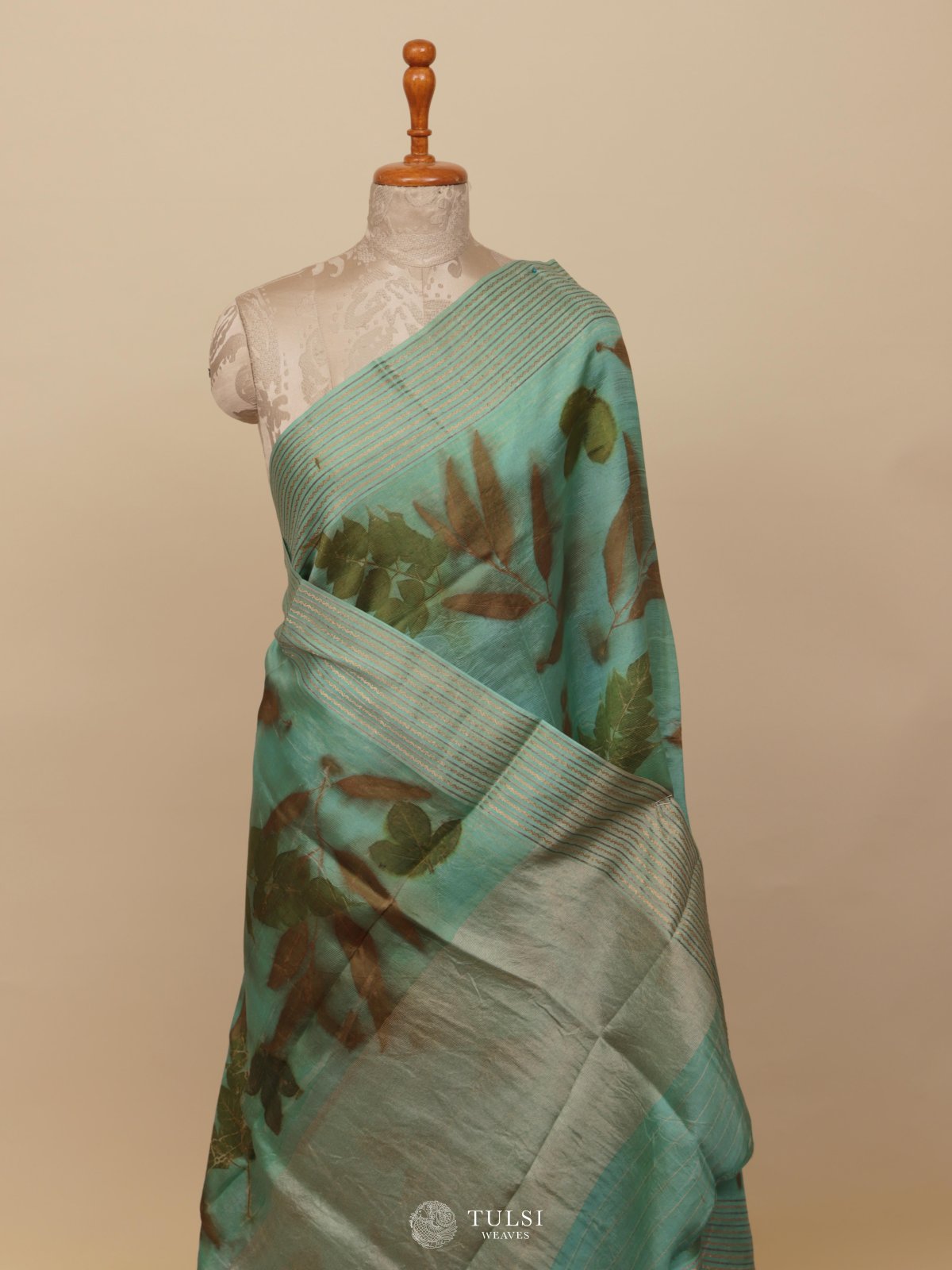 Light Blue Eco Print Silk Saree