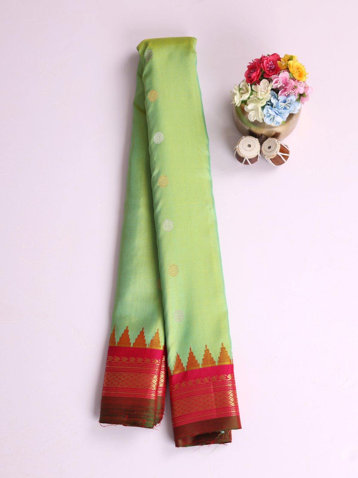 Parrot Green Gadwal Silk Saree With Reddish Pink Border