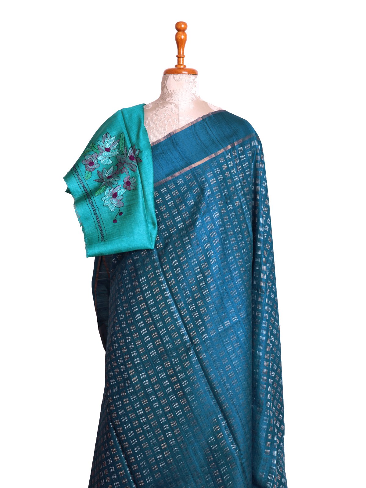 Peacock Blue Tussar Silk Saree with Kantha Embroidered Blouse