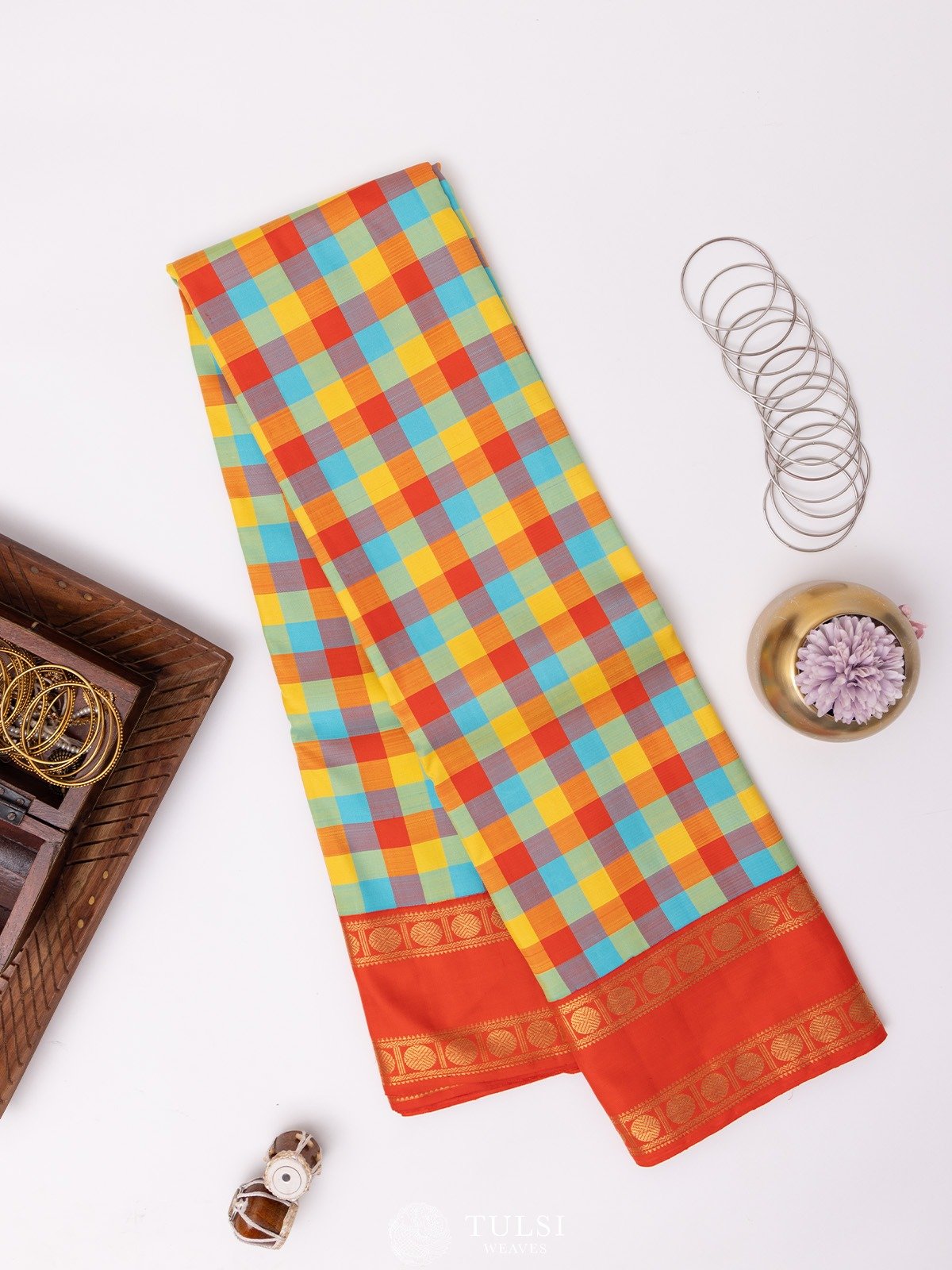 Checked Kanjeevaram Silk Saree with Orange Rettapet Border