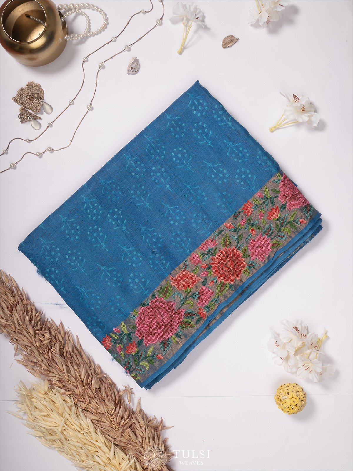 Blue Tussar Silk Saree with Embroidery Border