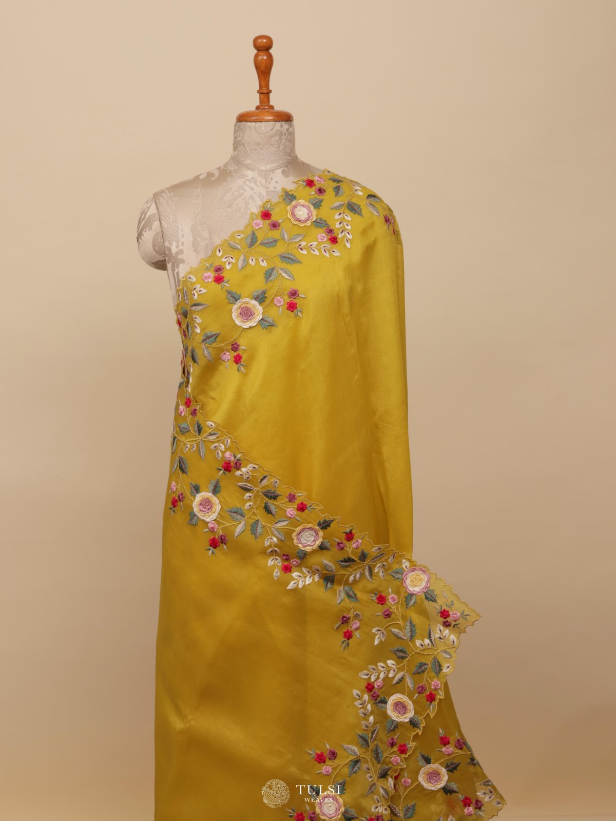 Dark Yellow Organza Embroidery Saree