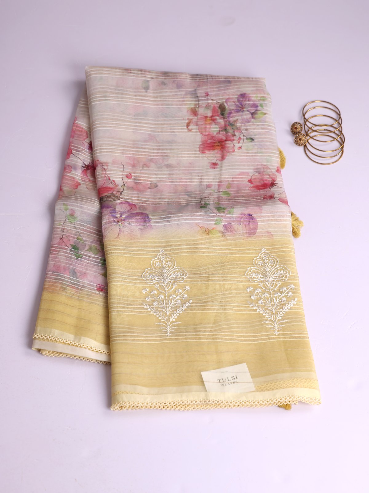 Off White Printed Organza Silk Saree With Yellow Embroidered Border