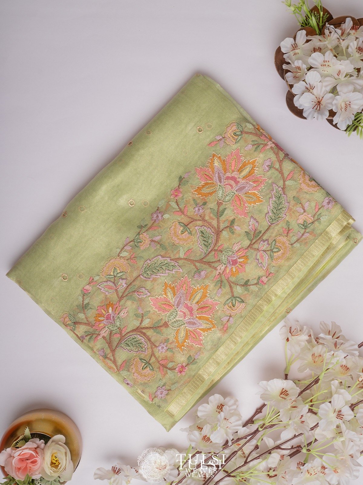 Light Green Tissue organza Embroidery saree