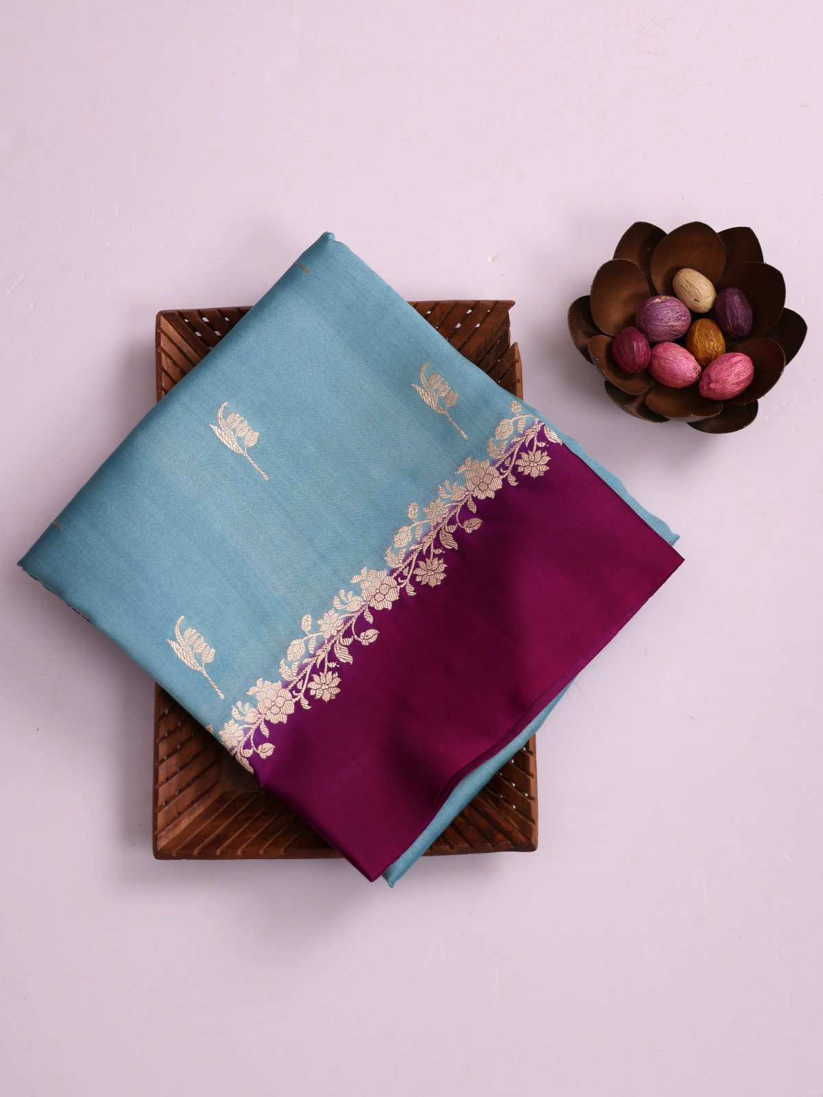 Light Blue Tussar Organza Silk Saree With Purple Satin Border