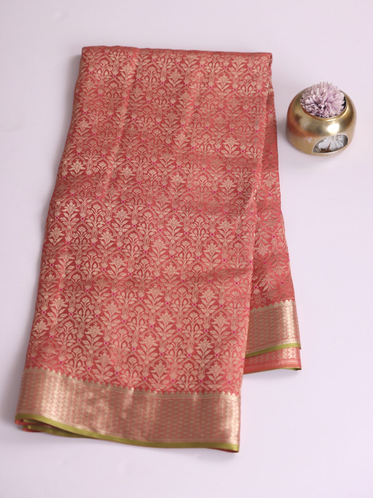 Pastel Red Banaras Crepe Silk Saree