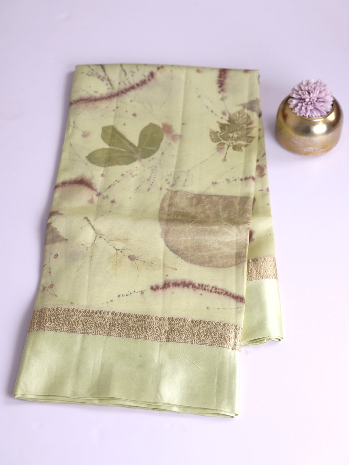 Light Elaichi Green Eco Print Tussar Silk Saree with Satin Border