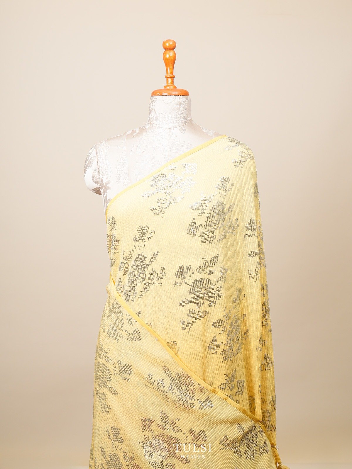 Light Yellow Georgette Saree With Sequins Design