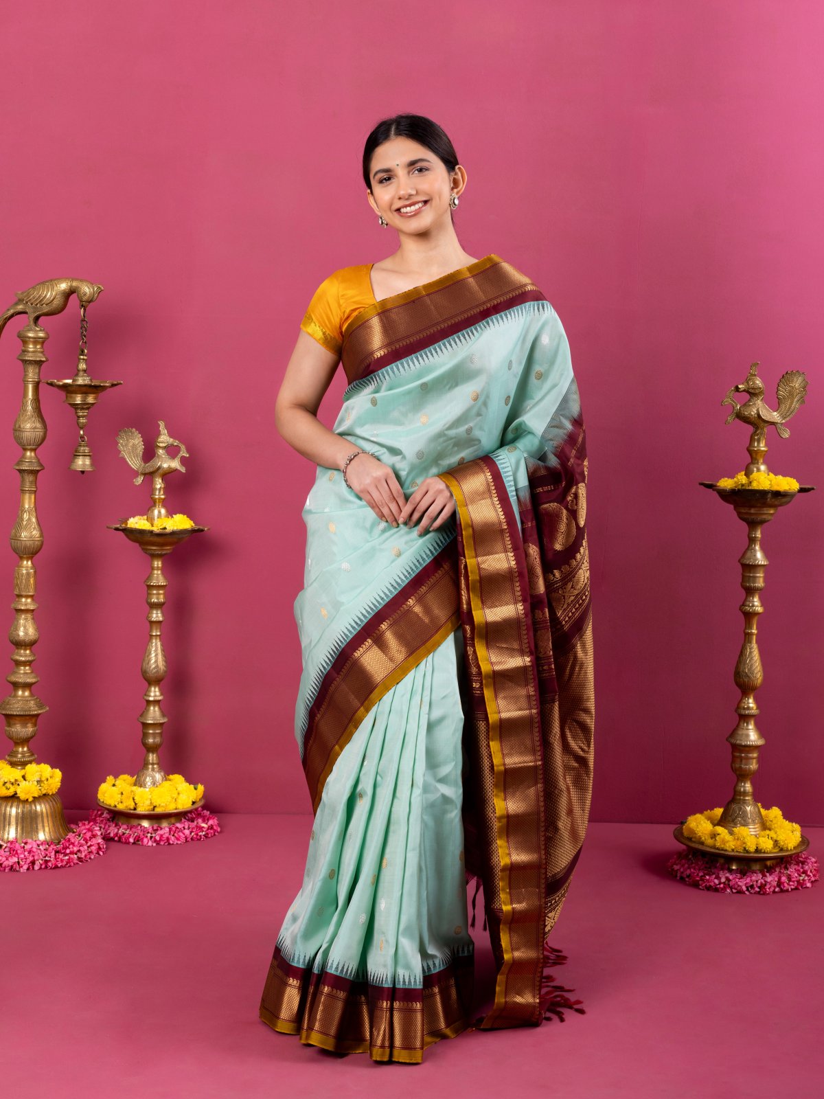 Light Aqua Blue Gadwal Silk Saree